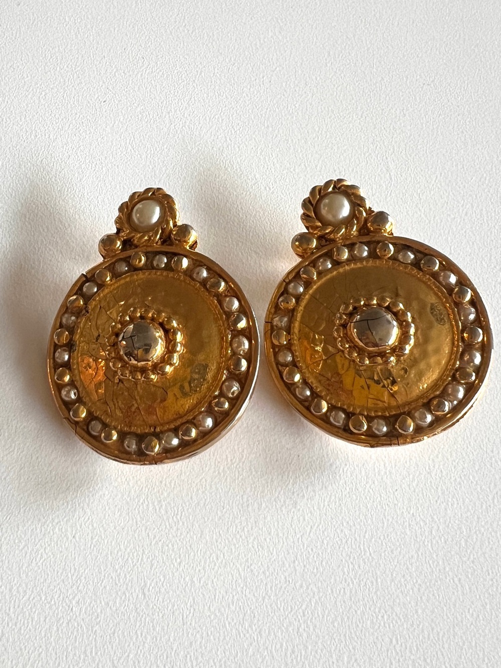 Vintage CHANEL 1980s Gold Pearl Medallion Clip-On Statement Earrings